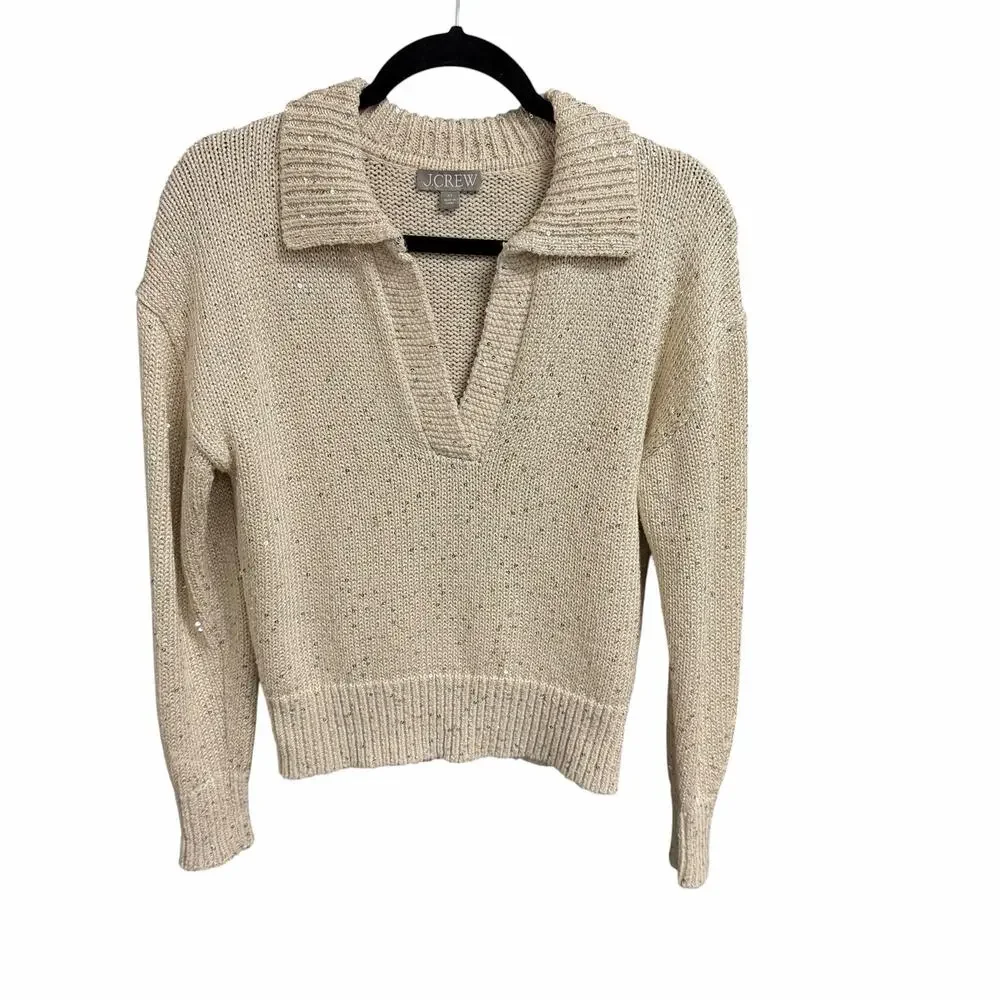 J. Crew Sequin Sweater Polo Cream Silver Sequins Long Sleeve Womens XS Neutral